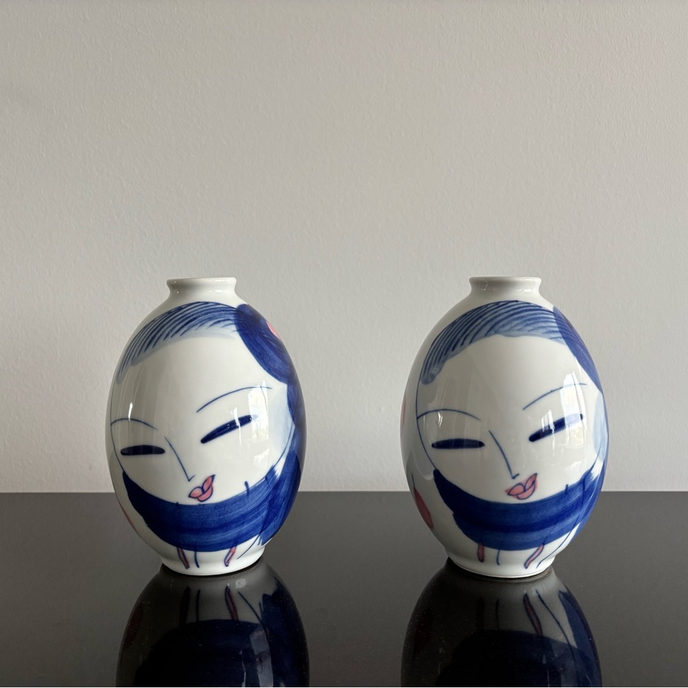 Vintage Pair of Porcelain Chinese Jingdezhen Bud Vases with Woman and Cherries